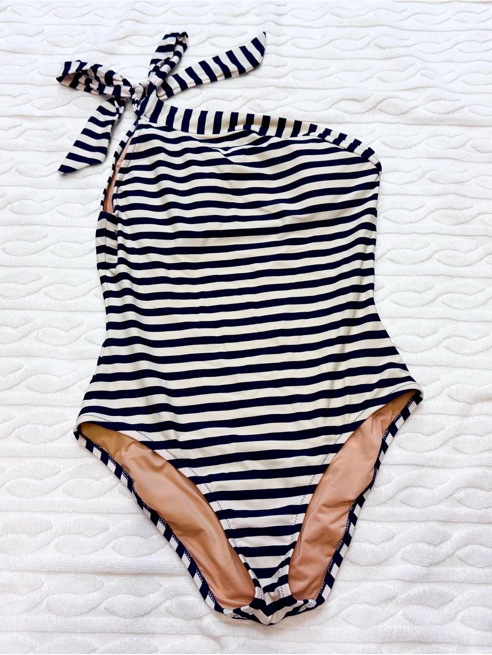 J Crew Striped One-Shoulder Swimsuit in Navy and White